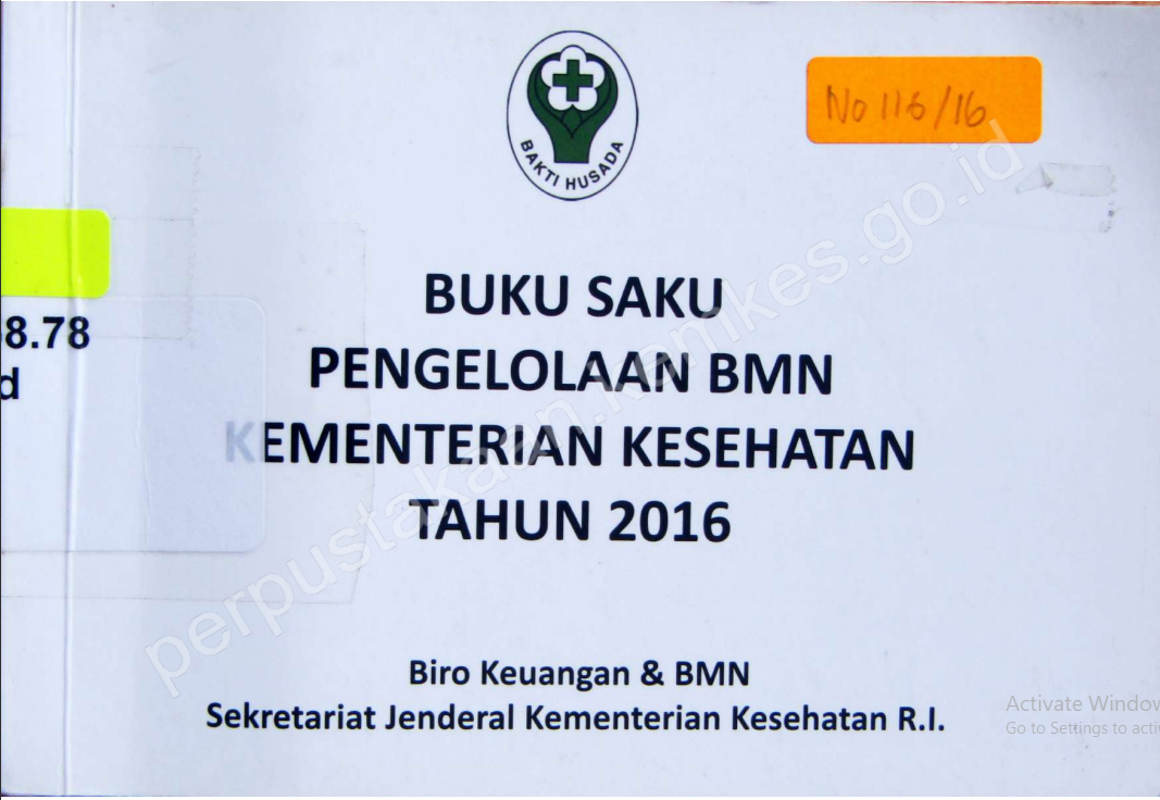 Cover Buku saku Pengelolaan BMN Kemenkes Tahun 2016 / Elizabet, SKM, M.Kes