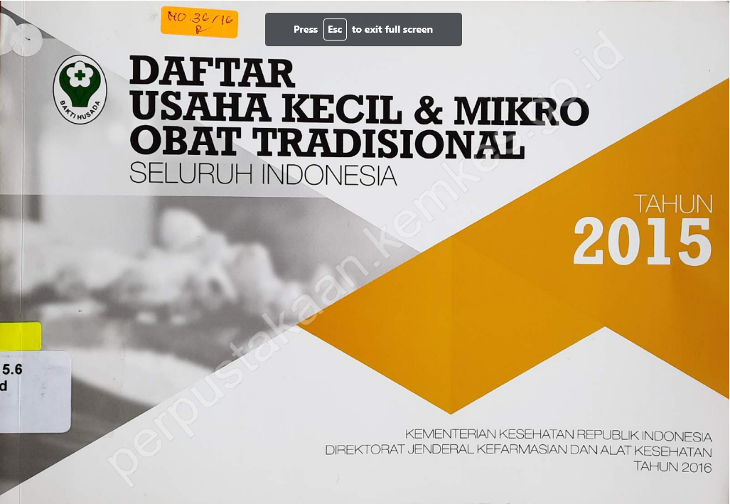 Cover Daftar usaha kecil dan mikro obat tradisional seluruh Indonesia tahun 2015 / Direktorat Jenderal Kefarmasian dan Alat Kesehatan