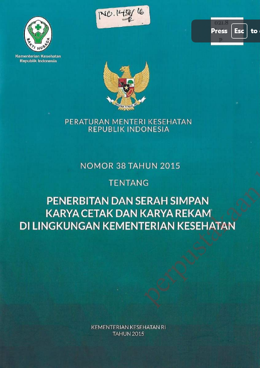 Cover Permenkes No. 38 Tahun 2015 :  Tentang Penerbitan dan serah simpan karya cetak dan karya rekam di lingkungan Kemenkes / Sekretariat Jenderal
