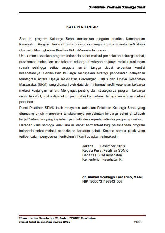 Cover Kurikulum Pelatihan :  Pelatihan Keluarga Sehat (KS) / Badan Pengembangan dan Pemberdayaan Sumber Daya Manusia Kesehatan