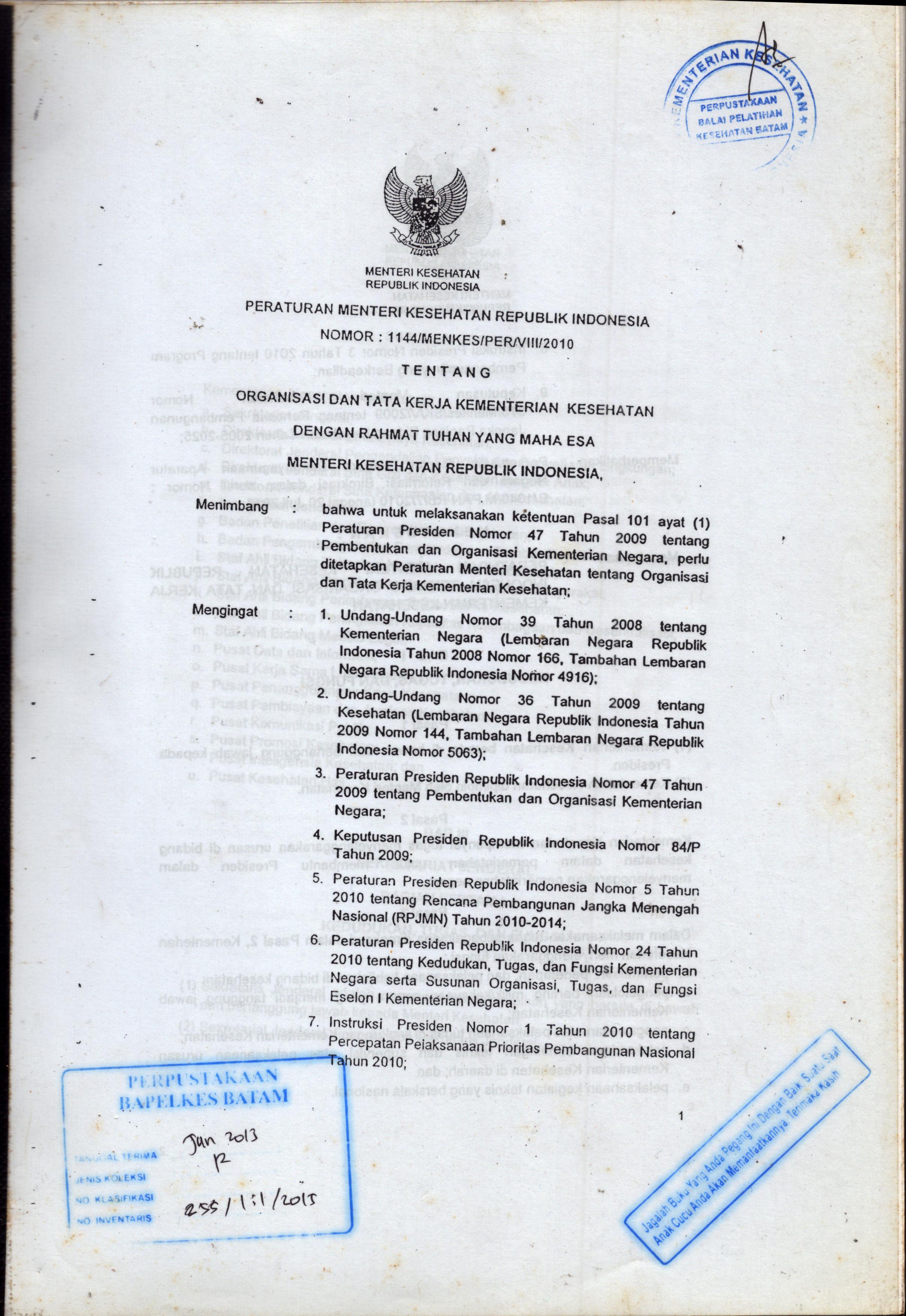 Cover Peraturan Menkes RI Nomor : 1144/MENKES/PER/VIII/2010 :  Tentang Organisasi Dan Tata Kerja Kementerian Kesehatan / Kementerian Kesehatan Republik Indonesia