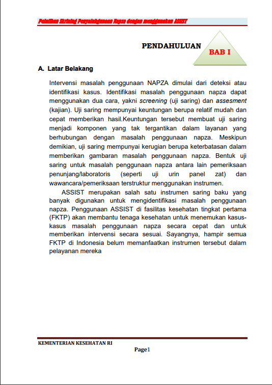 Cover Pelatihan Skrining Penyalahgunaan Napza dengan menggunakan ASSIST / Kementerian Kesehatan Republik Indonesia