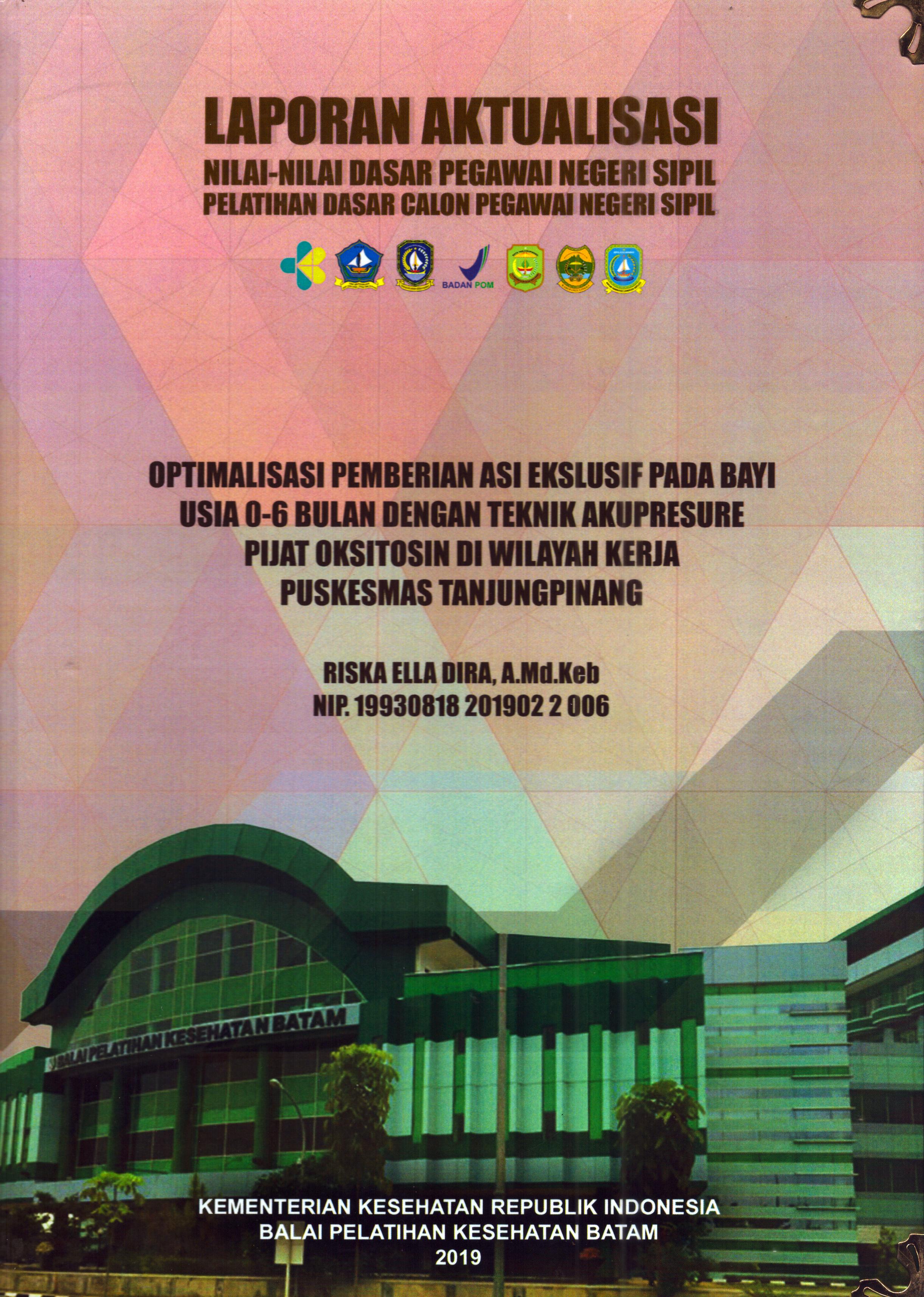 Cover Optimalisasi Pemberian ASI Ekslusif pada Bayi Usia 0-6 dengan Teknik Akupresur Pijat Oksitosin Di Wilayah Kerja Puskesmas Tanjung Pinang :  Pelatihan Dasar Calon Pegawai Negeri Sipil Golongan II Kabupaten Bintan / Riska Ella Dira, A.Md.Keb