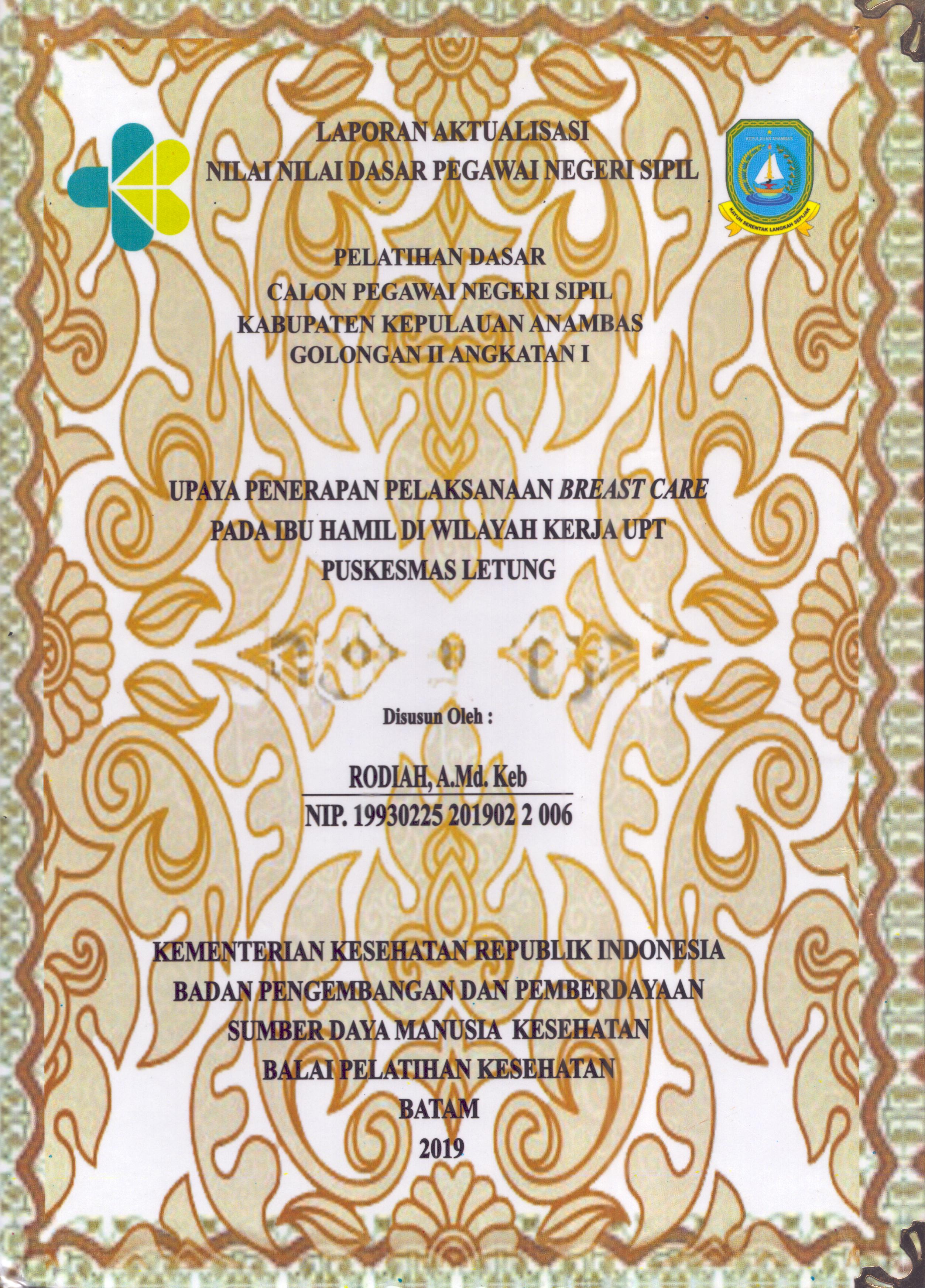 Cover Upaya Penerapan Pelaksanaan Breast Carepada Ibu Hamil DI Wilayah Kerja UPT Puskesmas Letung :  Pelatihan Dasar Calon Pegawai Negeri Sipil  Golongan II Kabupaten Kepulauan Anambas / Rodiah,A.Md.Keb