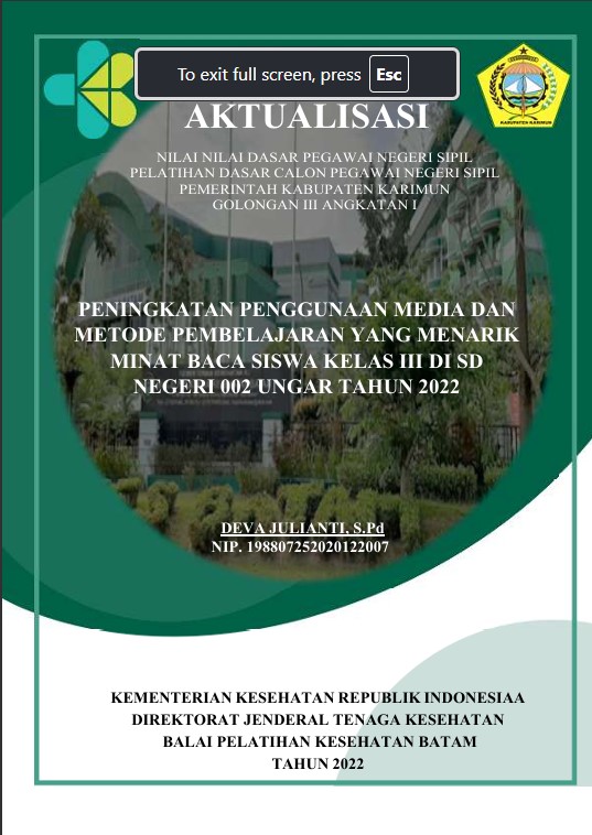 Cover Peningkatan Kualitas Pelaksanaan Pedoman Penilaian Kinerja Melalui E-Book Dan Video Di Bkpsdm Kabupaten Karimun Tahun 2022 :  Laporan Aktualisasi Pelatihan Dasar CPNS Kabupaten Karimun Tahun 2022 (Angkatan 1) / Dewi Juwita Sunthi, S.A.P
