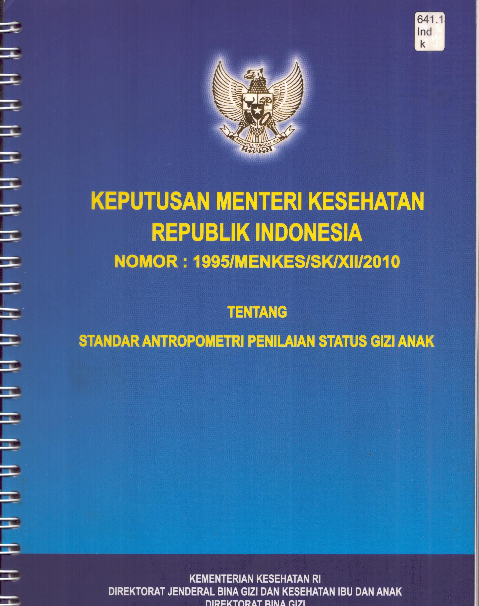 Cover Kepmenkes RI Nomor 1995/MENKES/SK/XII/2010 Tentang Standar Antropometri Penilaian Status Gizi Anak / Kementerian Kesehatan