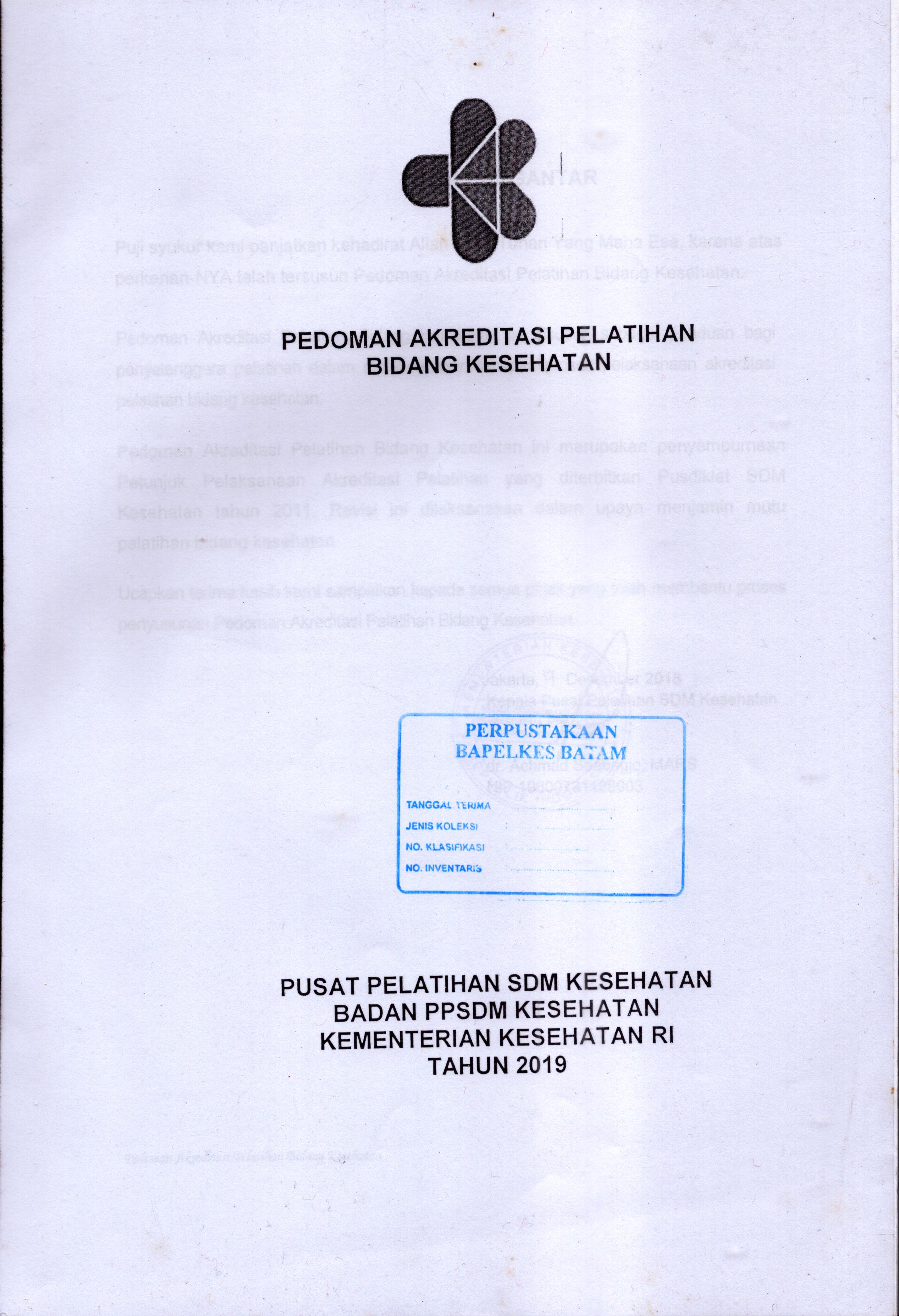 Cover Pedoman Akreditasi  Pelatihan Bidang Kesehatan / Kementerian Kesehatan