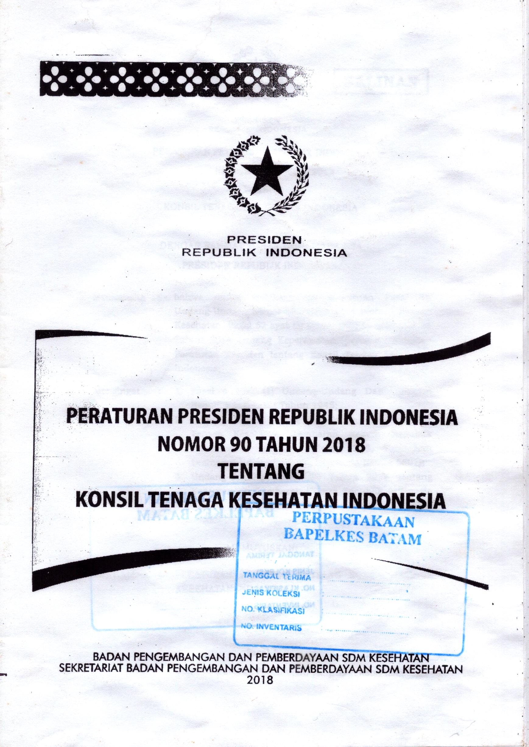Cover Peraturan Menteri Kesehatan Republik Indonesia Nomor 90 Tahun 2018 tentang Konsil Tenaga Kesehatan Indonesia / Kementerian Kesehatan