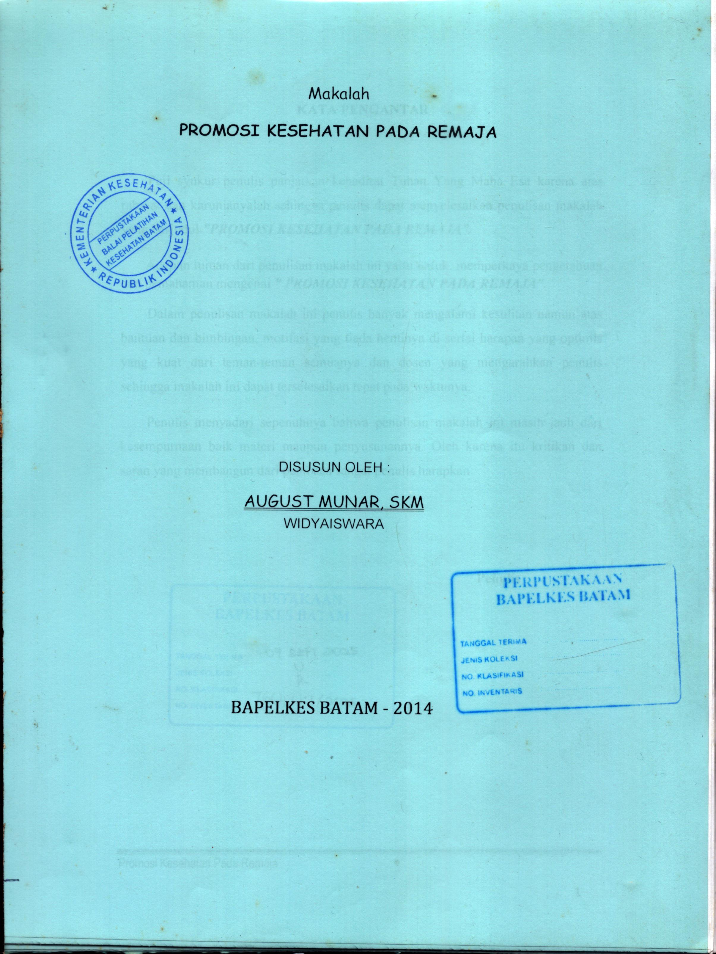 Cover Promosi Kesehatan pada Remaja / August Munar,SKM